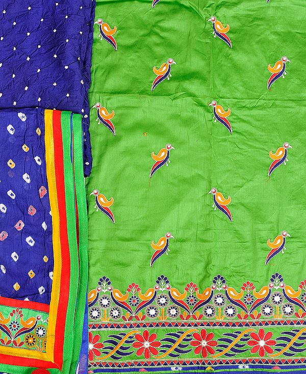 Salwar Kameez Fabric from Gujarat with Embroidered Parrots and Bandhani Dupatta