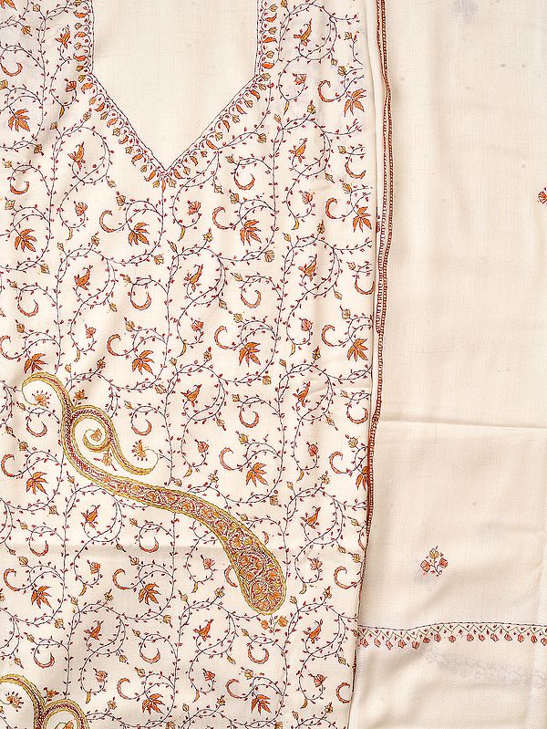 Whisper-White Tusha Salwar Kameez Fabric from Kashmir with Needle Hand-Embroidery All-Over