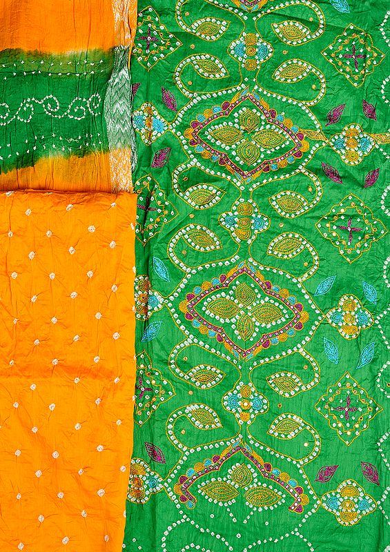 Green and Yellow Embroidered Bandhani Tie-Dye Salwar Kameez Fabric from Gujarat with Sequins