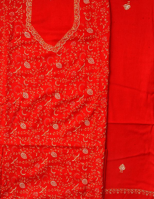 Fiery-Red Tusha Salwar Kameez Fabric from Kashmir with Sozni Hand-Embroidery All-Over