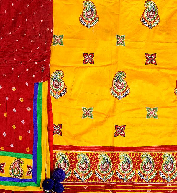 Yellow and Maroon Salwar Kameez Fabric from Gujarat with Embroidered Paisleys and Bandhani Dupatta
