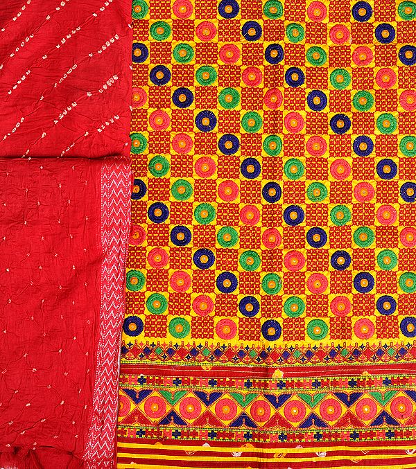 Yellow and Red Salwar Kameez Fabric from Gujarat with Embroidery All-Over and Bandhani Dupatta