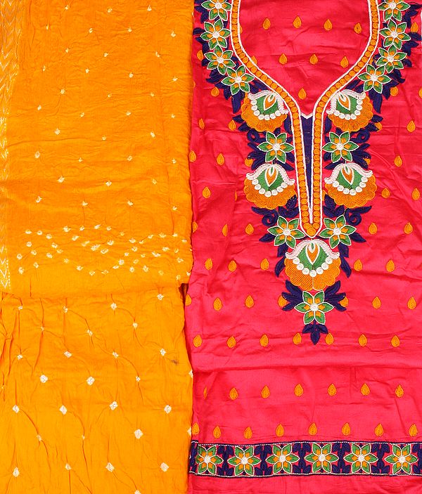 Raspberry and Yellow Salwar Kameez Fabric from Gujarat with Floral Embroidery on Neck and Bootis