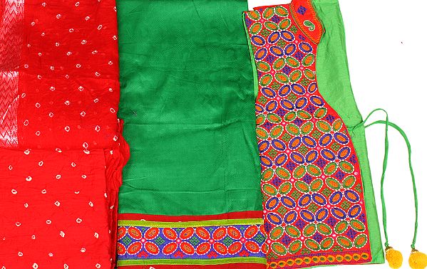 Jelly Bean Four-Piece Salwar Kameez Fabric from Gujarat with Embroidered Waistcoat and Bandhani Dupatta