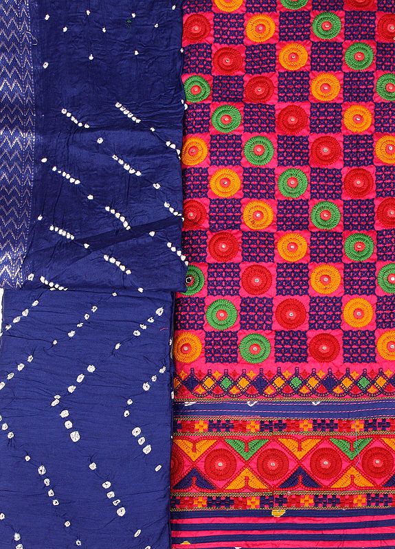 Magenta and Blue Embroidered Salwar Kameez Fabric from Gujarat with Mirrors and Bandhani Dupatta