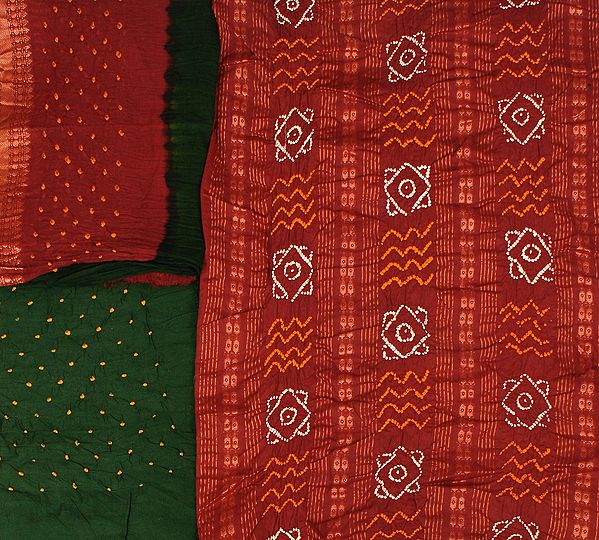 Bandhani Tie-Dye Salwar Kameez Fabric from Gujarat with Woven Stripes