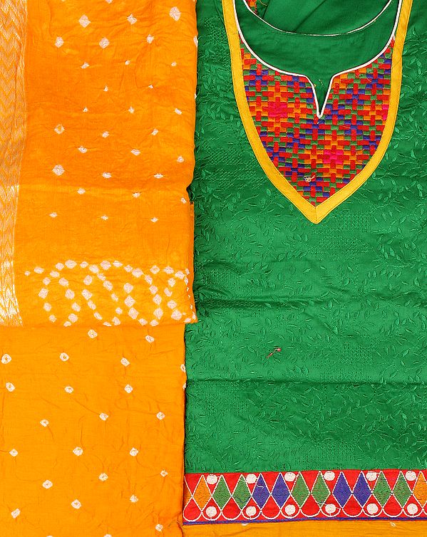 Green and Yellow Salwar Kameez Fabric from Gujarat with Embroidered Patch and Self Embroidery