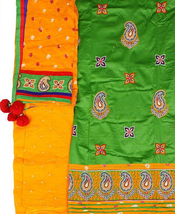 Green and Yellow Salwar Kameez Fabric from Gujarat with Embroidered Paisleys and Bandhani Dupatta