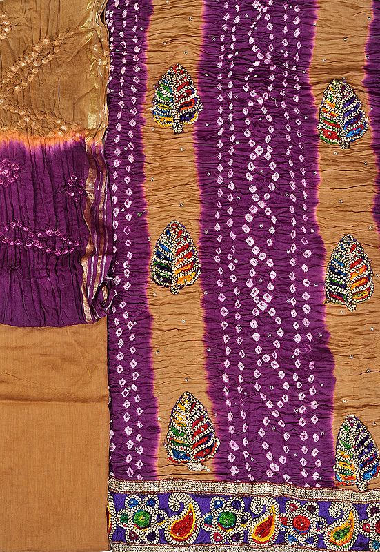 Bandhani Tie-Dye Salwar Kameez Fabric from Gujarat with Embroidered Leaves