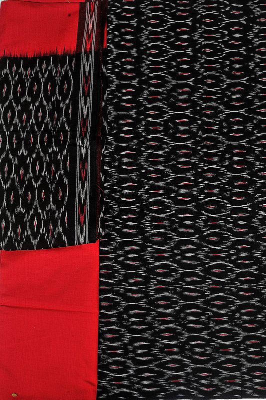 Black and Red Salwar Kameez Fabric from Pochampally with Ikat Weave