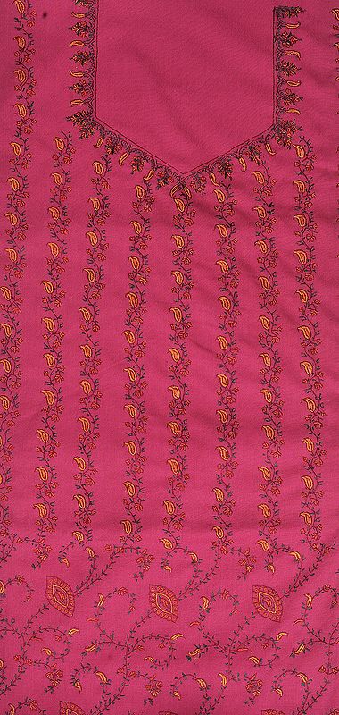 Fuchsia-Rose Two-Piece Salwar Kameez Fabric from Kashmir with Sozni Hand-Embroidered Paisleys