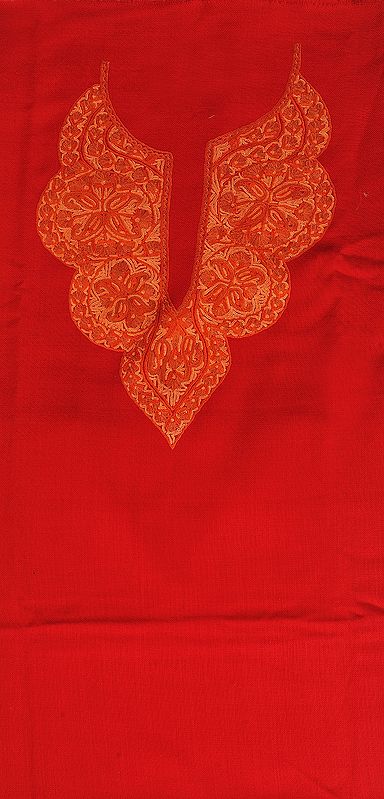 Tomato-Red Two-Piece Salwar Kameez Fabric from Kashmir with Hand-Ari Hand-Embroidered Paisleys on Neck