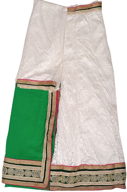 Egret-White and Green Lehenga Choli Fabric with Self-Weave and Embroidered Patch Border