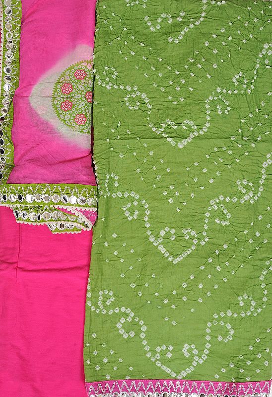 Tendril-Green and Pink Bandhani Tie-Dye Salwar Kameez Fabric from Gujarat with Large Sequins on Border