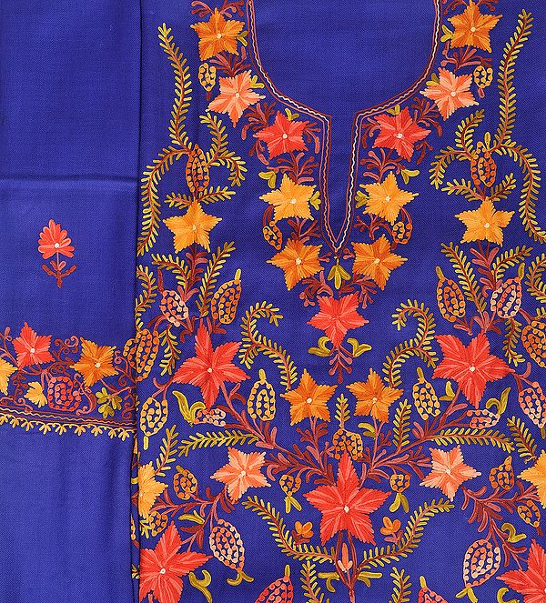 Clematis-Blue Salwar Kameez Fabric from Kashmir with Floral Aari-Embroidery