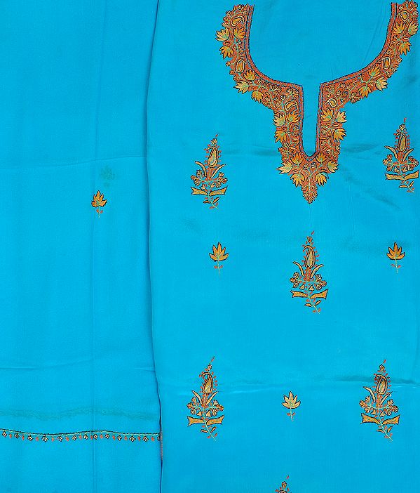 Blue-Atoll Salwar Kameez Fabric from Kashmir with Sozni Embroidery by Hand