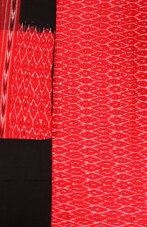 Lipstick-Red and Black Salwar Kameez Fabric from Pochampally with Ikat Weave
