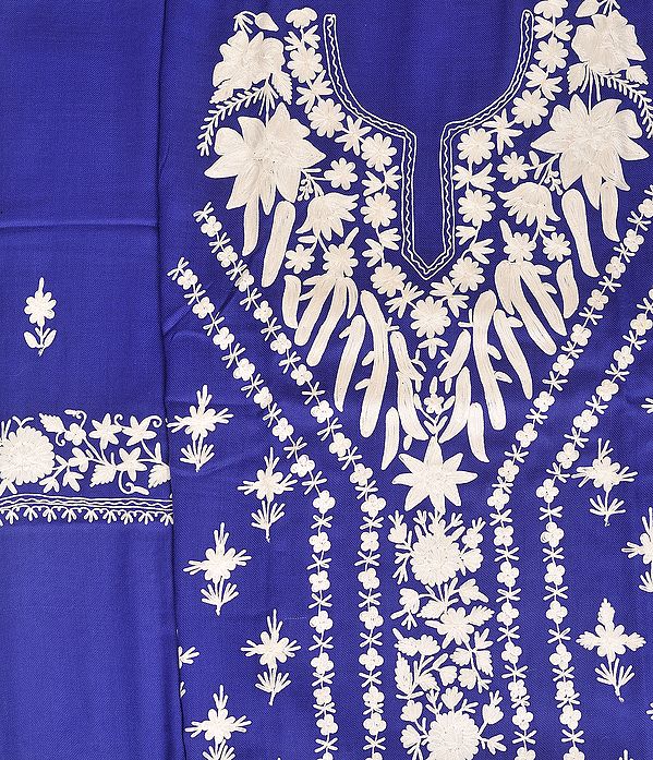 Spectrum-Blue Salwar Kameez Fabric from Kashmir with Floral Aari-Embroidery
