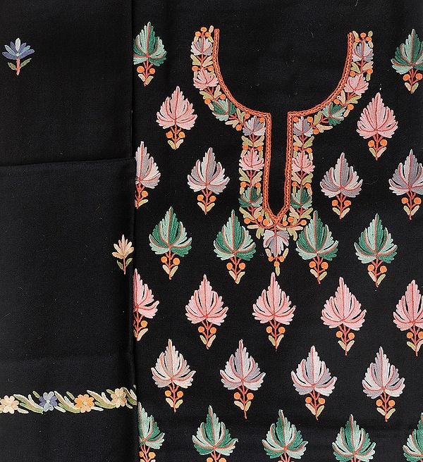 Phantom-Black Salwar Kameez Fabric from Kashmir with Aari Hand-Embroidered Maple Leaves