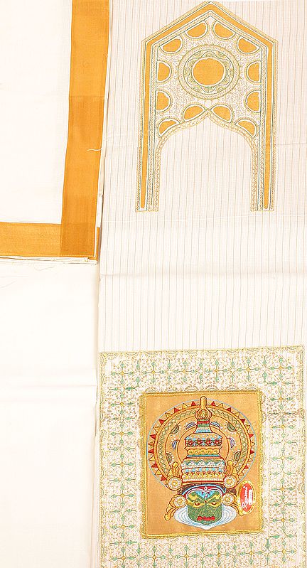Papyrus and Golden Kasavu Salwar Kameez Fabric from Kerala with Embroidered Kathakali Applique and Sequins