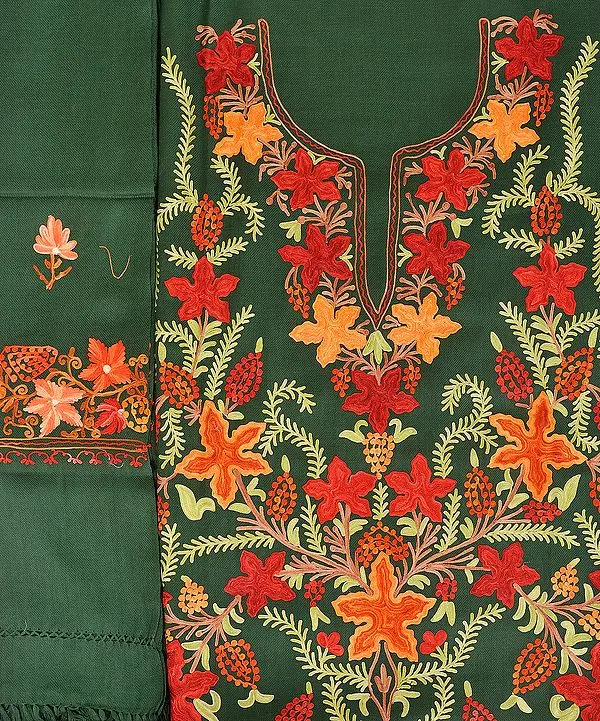 Myrtle-Green Salwar Kameez Fabric from Kashmir with Aari-Embroidered Flowers