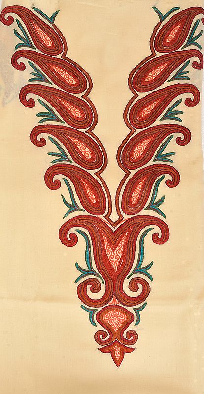 Vanilla-Custard Two-Piece Salwar Kameez Fabric from Kashmir with Aari Hand-Embroidered Paisleys on Neck