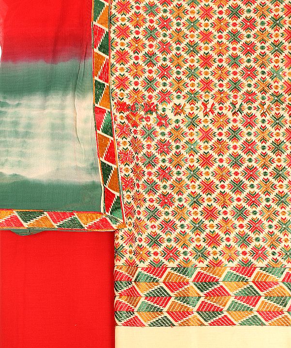 Vanilla and Red Salwar Kameez Fabric from Punjab with Phulkari Embroidery All-Over