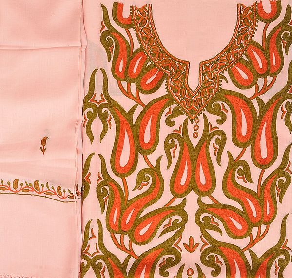 Seashell-Pink Salwar Kameez Fabric from Kashmir with Aari-Embroidered Paisleys by Hand
