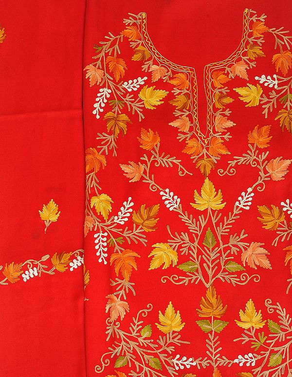 Tomato-Red Salwar Kameez Fabric from Kashmir with Aari-Embroidered Maple Leaves