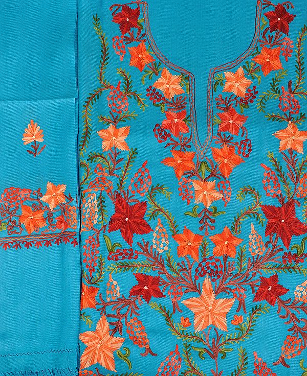 Blue-Mist Salwar Kameez Fabric from Kashmir with Aari-Embroidered Flowers