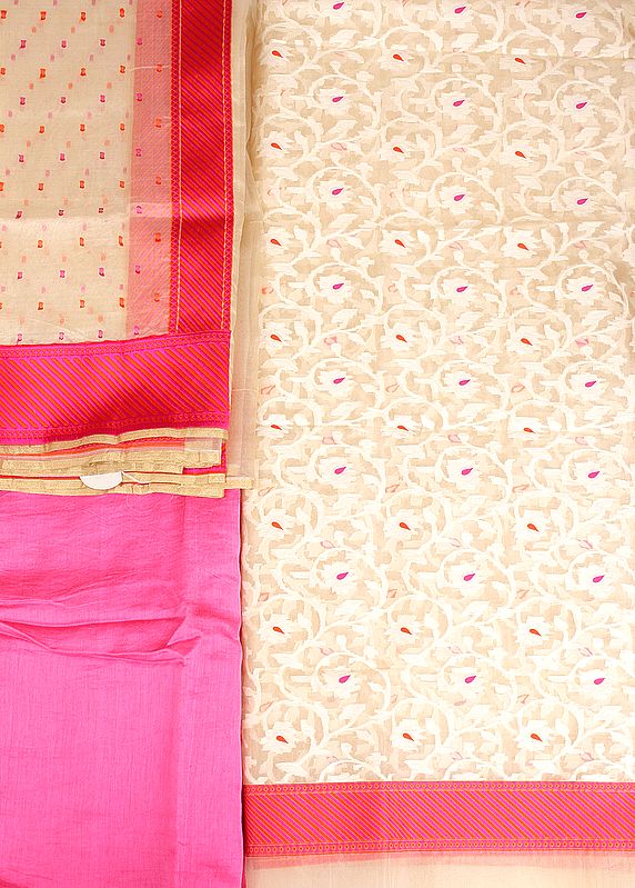 Ivory and Pink Salwar Kameez Fabric From Banaras with Woven Lotuses