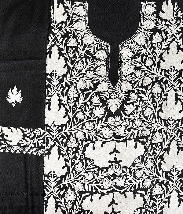 Black and White Salwar Kameez Fabric from Kashmir with Aari-Embroidered Maple Leaves All-Over