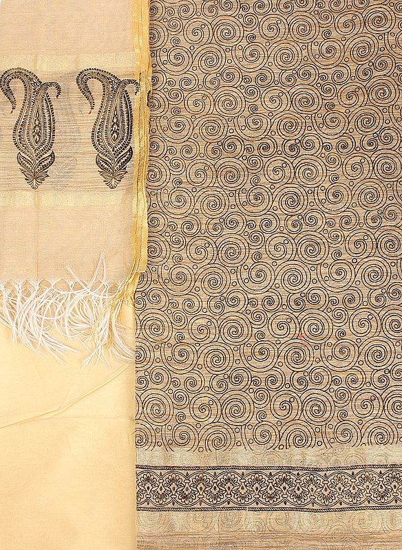 Alabaster-Gleam Salwar Kameez Fabric from Banaras with Printed Spirals