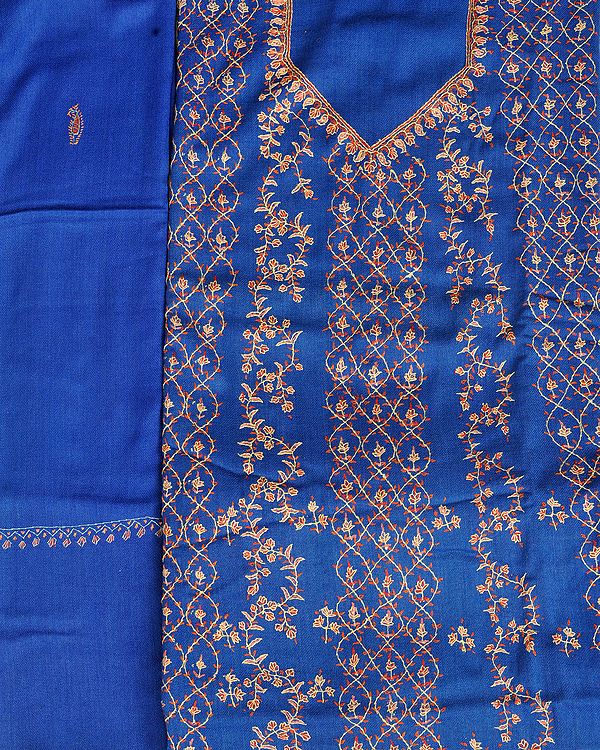Classic-Blue Tusha Salwar Kameez Fabric from Kashmir with Sozni-Embroidery by Hand