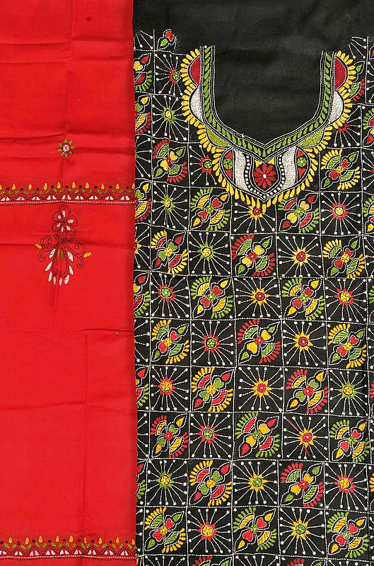 Black and Red Kantha Hand-Embroidered Salwar Kameez Fabric from Kolkata