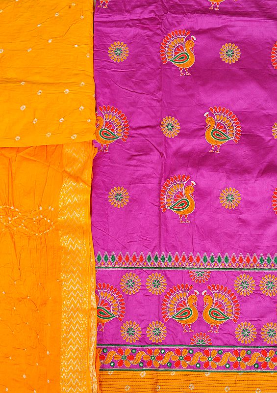 Salwar Kameez Fabric from Gujarat with Embroidered Peacocks