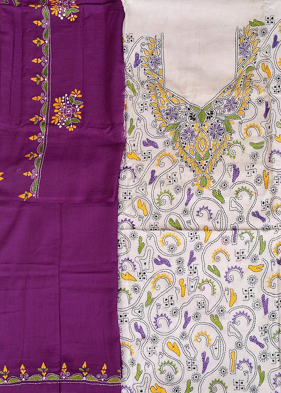White and Purple Salwar Kameez Fabric from Kolkata with Kantha Hand-Embroidery