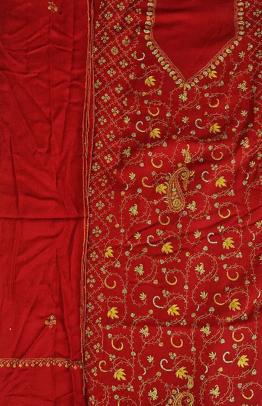 Garnet-Red Tusha Salwar Kameez Fabric from Kashmir with Sozni Hand-Embroidery All-Over