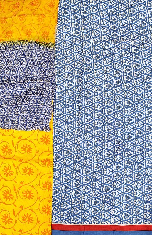 Blue and Yellow Printed Salwar Kameez Fabric with Striped Border
