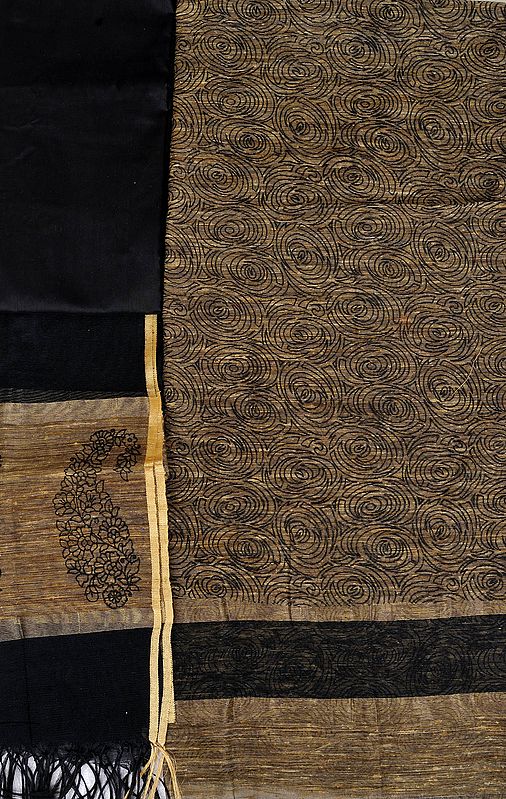 Taos-Taupe and Black Salwar Kameez Fabric from Banaras with Printed Spirals