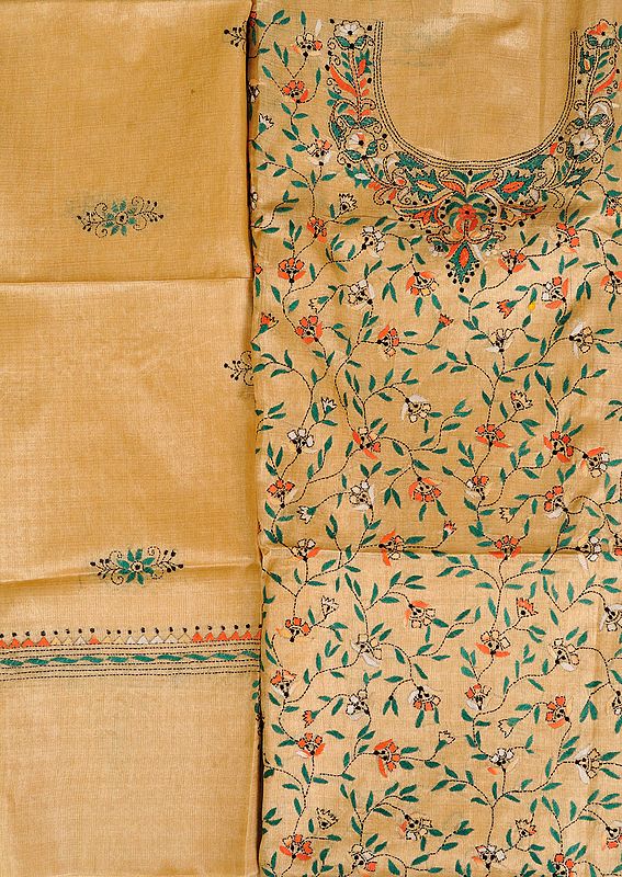 Banana-Crepe Salwar Kameez Fabric from Kolkata with Kantha-Embroidered Foliage