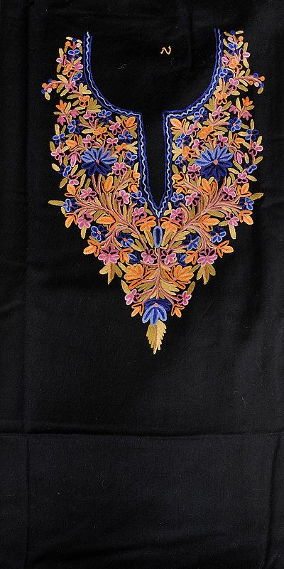 Jet-Black Two-Piece Salwar Kameez Fabric from Kashmir with Floral Hand-Embroidery on Neck