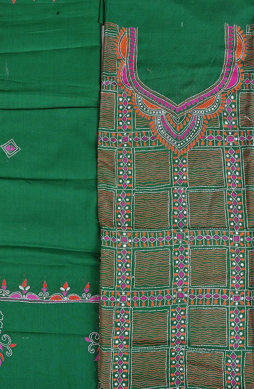 Pine-Green Kantha Hand-Embroidered Salwar Kameez Fabric from Kolkata