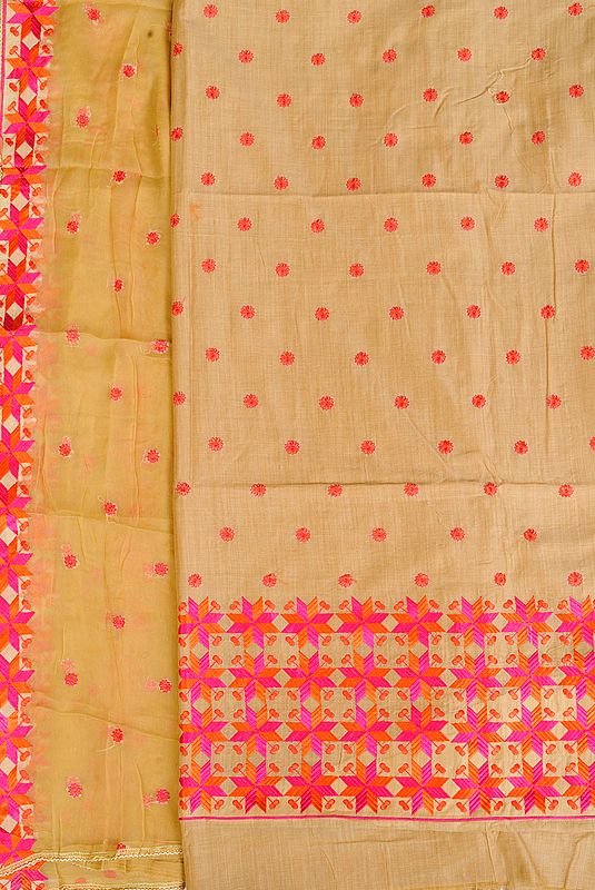 Italian-Straw Salwar Kameez Fabric From Punjab with Phulkari-Embroidered Bootis