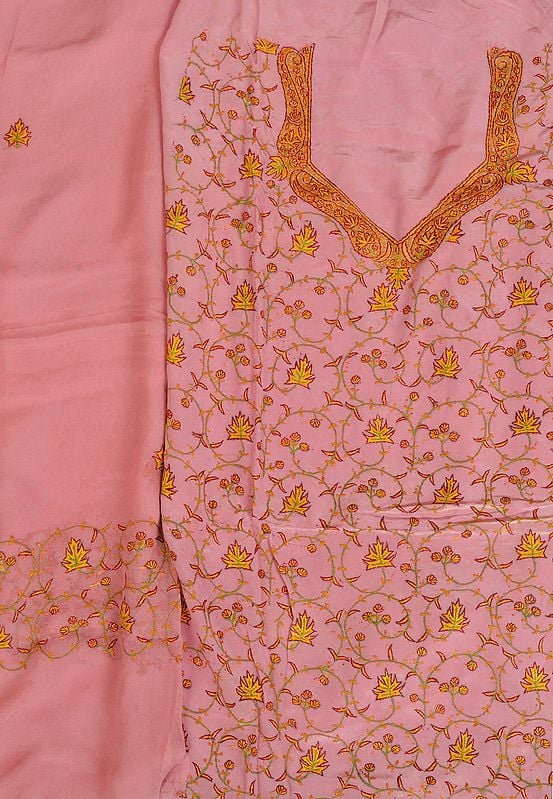 Powder-Pink Salwar Kameez Fabric from Kashmir with Sozni Hand-Embroidered Maple Leaves