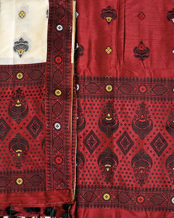 Apple-Butter and Ivory Salwar Kameez Fabric from Assam with Woven Bootis