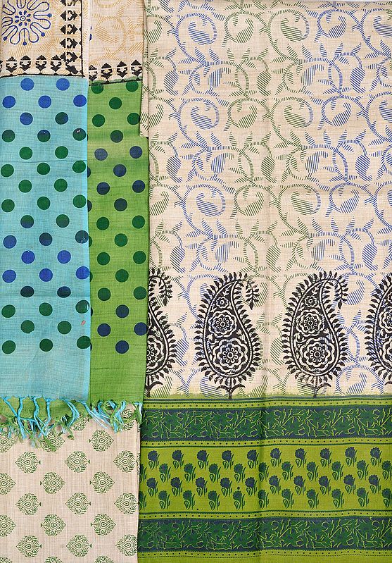 Cream and Green Salwar Kameez Fabric from Bengal with Printed Paisleys