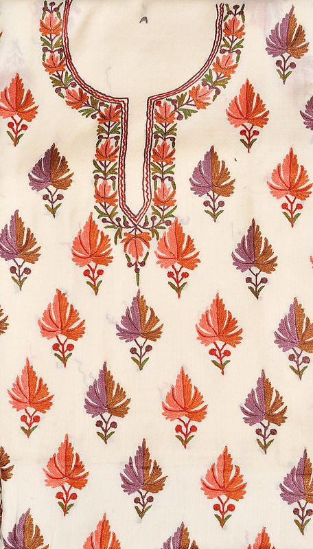 Ivory Two-Piece Salwar Kameez Fabric from Kashmir with Aari Hand-Embroidered Maple Leaves