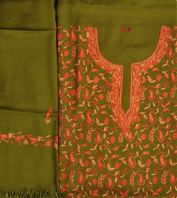 Lizard-Green Salwar Kameez Fabric from Kashmir with Aari Hand-Embroidered Paisleys All-Over