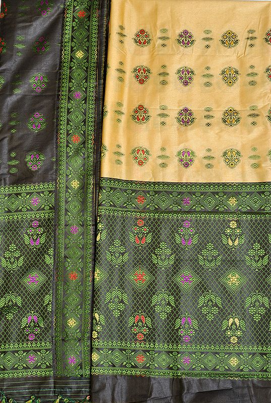 Italian-Straw and Black Suit Fabric with Dupatta from Assam with Woven Bootis